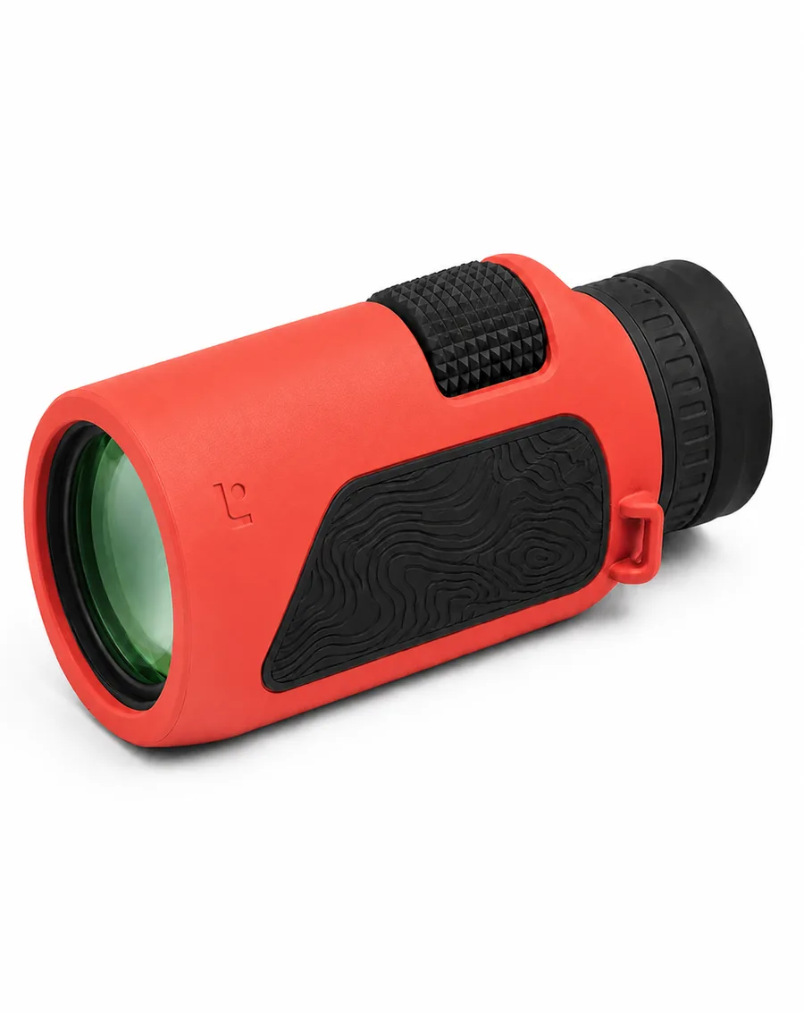 Caldera monocular in Coral, three-quarter view