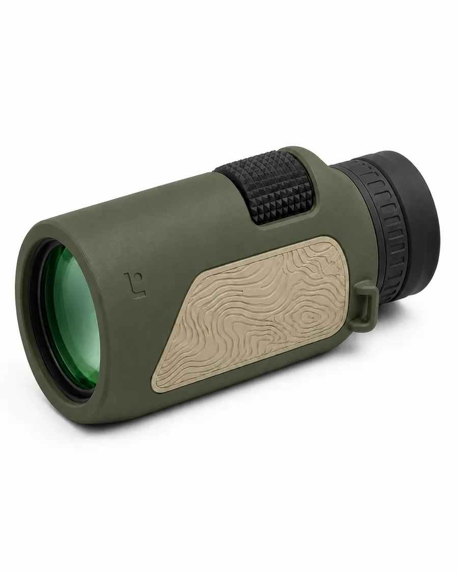 Caldera monocular in Ranger Green, three-quarter view