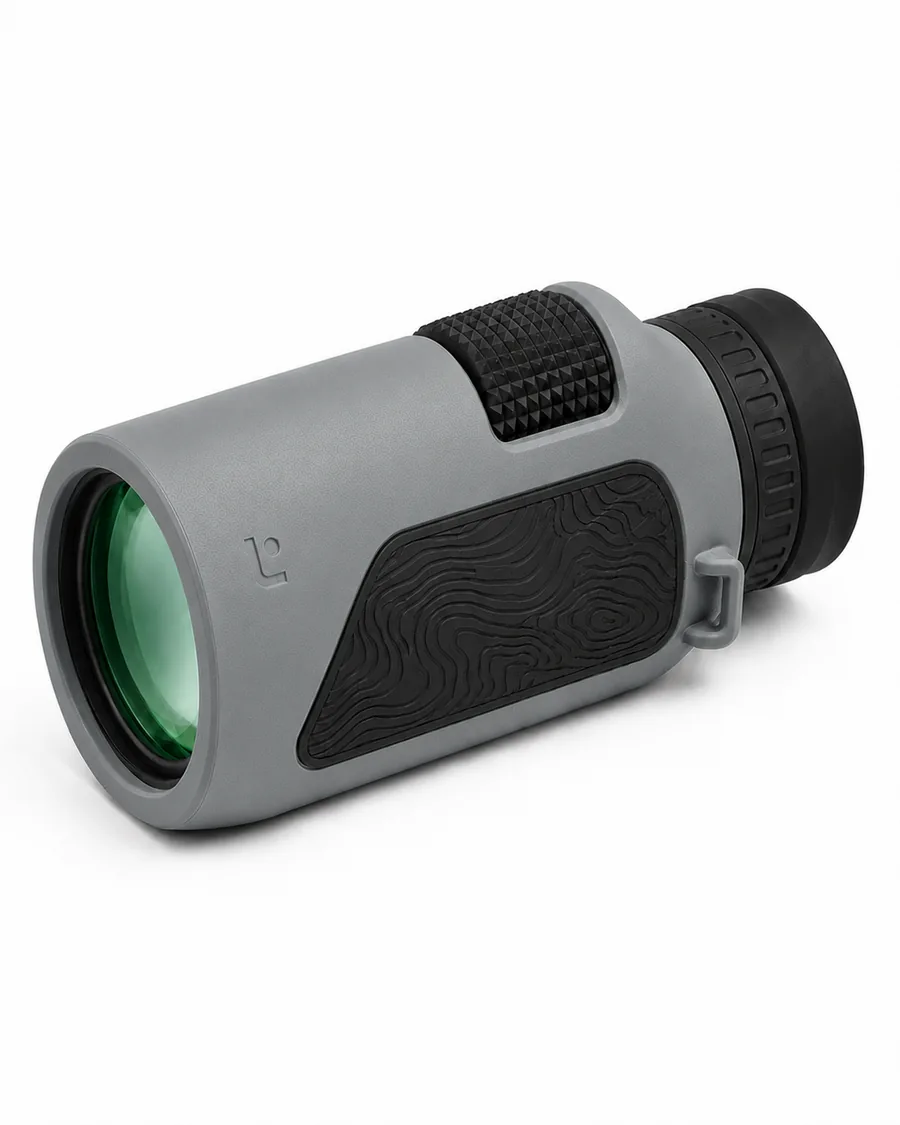 Caldera monocular in Stone Gray, three-quarter view